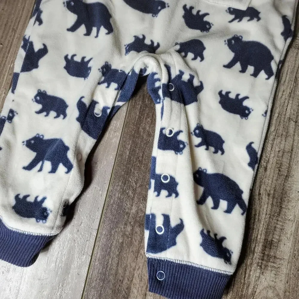 Carter's One Piece Fleece Hooded Jumper Jumpsuit White Blue Bears Size 12m EUC